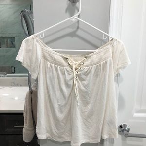 light cream lace up off the shoulder top